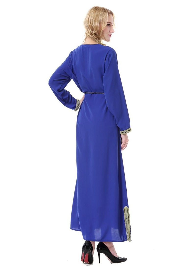 Loquat Women's V-Neck Long Sleeve Applique Maxi Long Dress Robe With Belt Blue  - Image 2