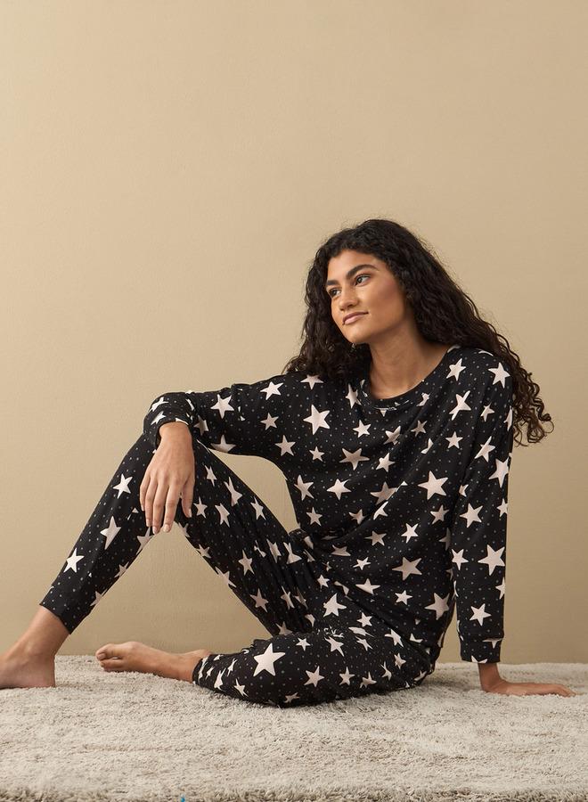 سبلاش فيڤ طقم بيجامة وتيشيرت بأكمام طويلة وطبعة نجوم شاملة - Image 1