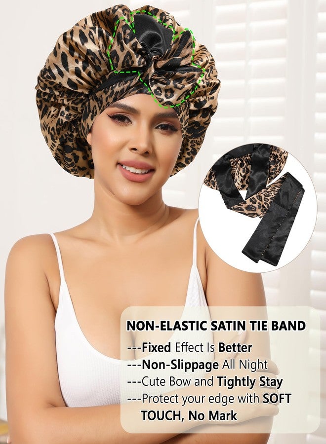 AWAYTR Satin Bonnet Silk Hair Bonnets Women Curly Hair Wrap Sleeping Cap Reversible Bonnet with Tie Band Night Cap Double Layer Sleep Cap Curly Hair (Reversible Satin Bonnet (Leopard +Black) 7 7/8-8 - Image 5