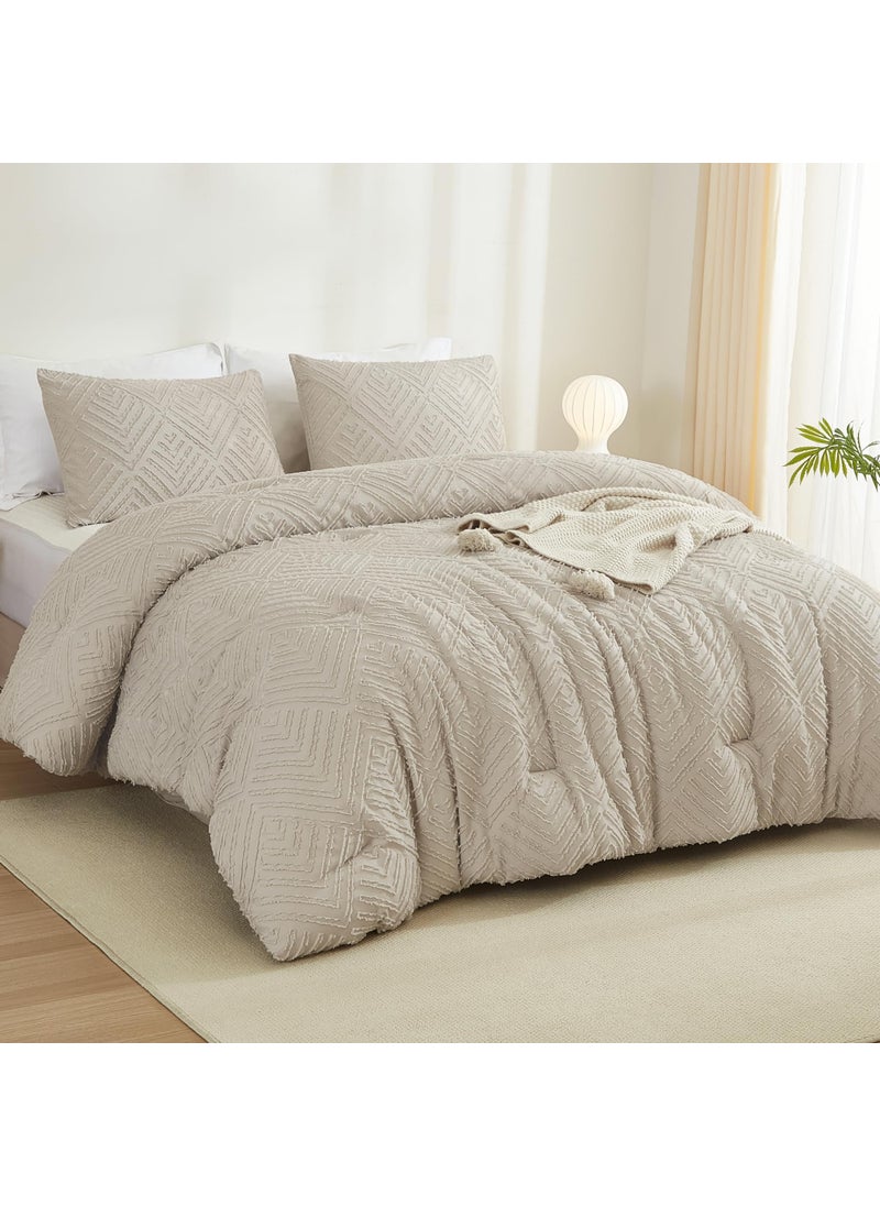 Litanika Litanika Oatmeal King Size Comforter Set  3 Pieces Tufted Boho Farmhouse Bedding Comforter Sets  Lightweight Fluffy Comforter Bed Set for All Season (104x90In Comforter and 2 Pillowcases)  - Image 2
