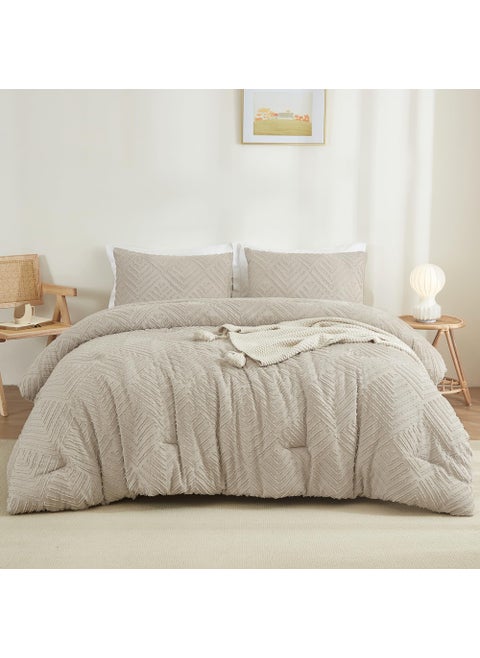 Litanika Oatmeal King Size Comforter Set  3 Pieces Tufted Boho Farmhouse Bedding Comforter Sets  Lightweight Fluffy Comforter Bed Set for All Season (104x90In Comforter and 2 Pillowcases)