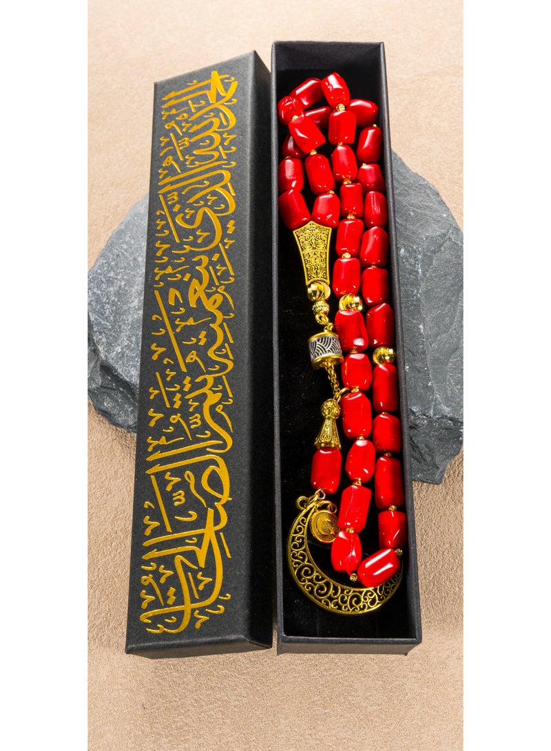 سبحة مرجان أحمر معالج 33 خرزة | مرجان موثق بشهادة فردية | تحقق عبر المسح | علبة هدايا أنيقة | هدية إسلامية للرجال - Image 3