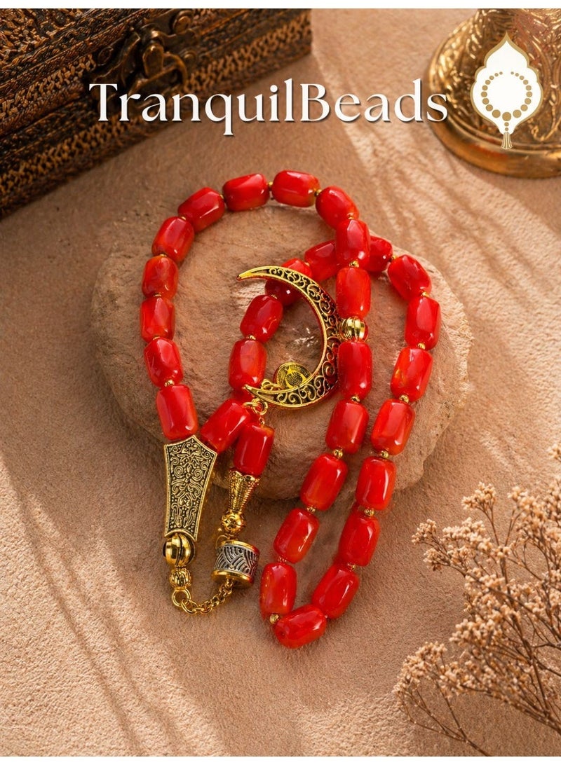 TranquilBeads Processed Red Coral Tasbih 33 Beads | Certified Coral Prayer Beads | Individually Certified, Scan to Verify | Elegant Gift Box | Islamic Gift for Men - Image 1