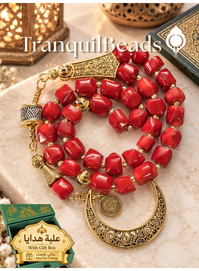 TranquilBeads Processed Red Coral Tasbih 33 Beads | Certified Coral Prayer Beads | Individually Certified, Scan to Verify | Elegant Gift Box | Islamic Gift for Men - Image 1
