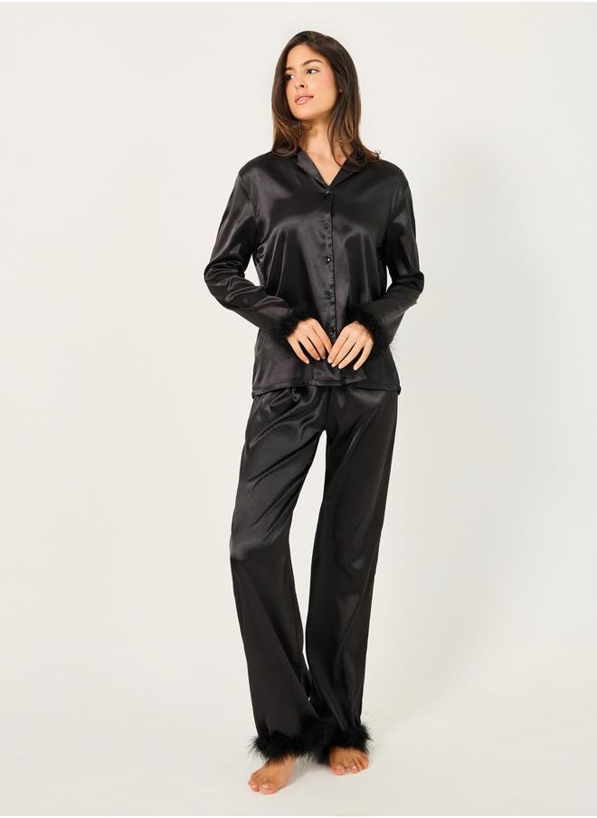 Styli Faux Feather Trim Buttoned Shirt and Pyjama Set  - Image 1