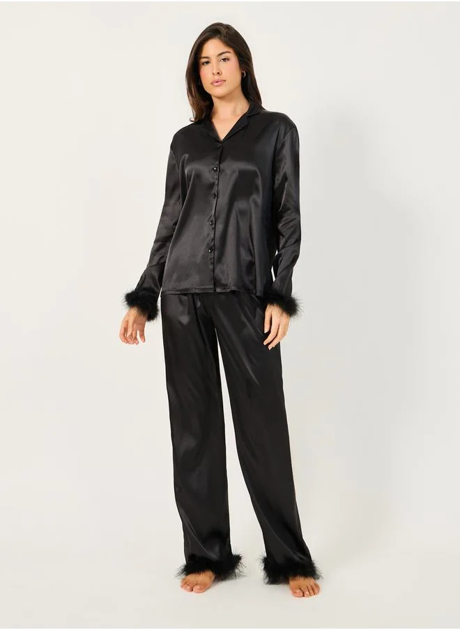 Styli Faux Feather Trim Buttoned Shirt and Pyjama Set