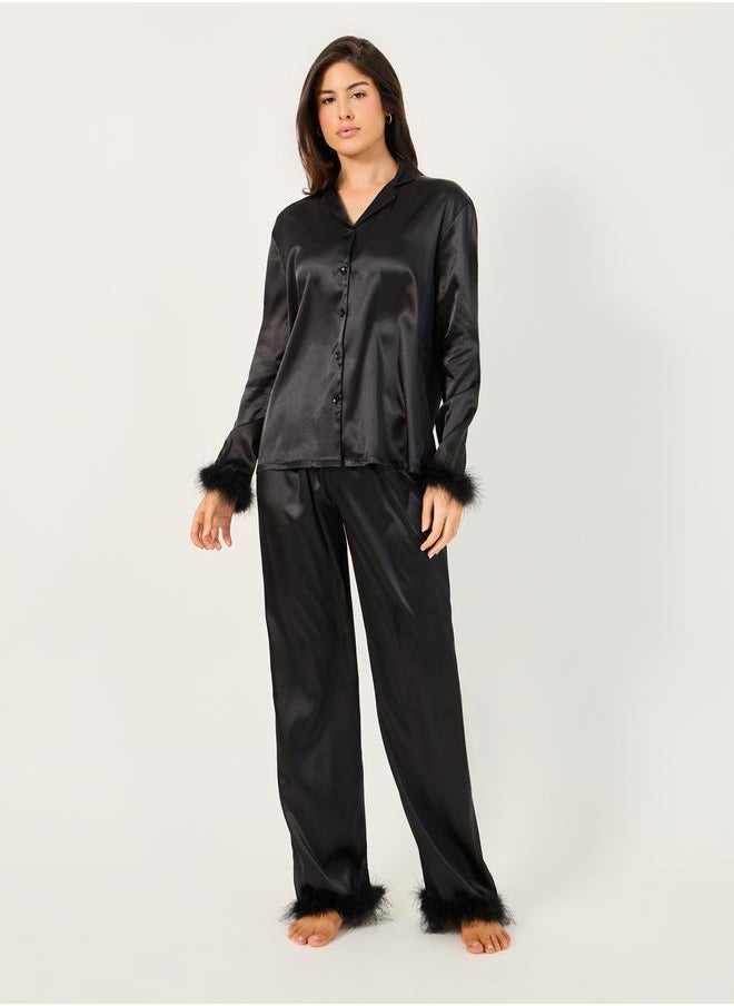 Styli Faux Feather Trim Buttoned Shirt and Pyjama Set  - Image 2