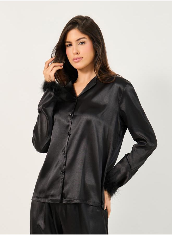 Styli Faux Feather Trim Buttoned Shirt and Pyjama Set  - Image 3