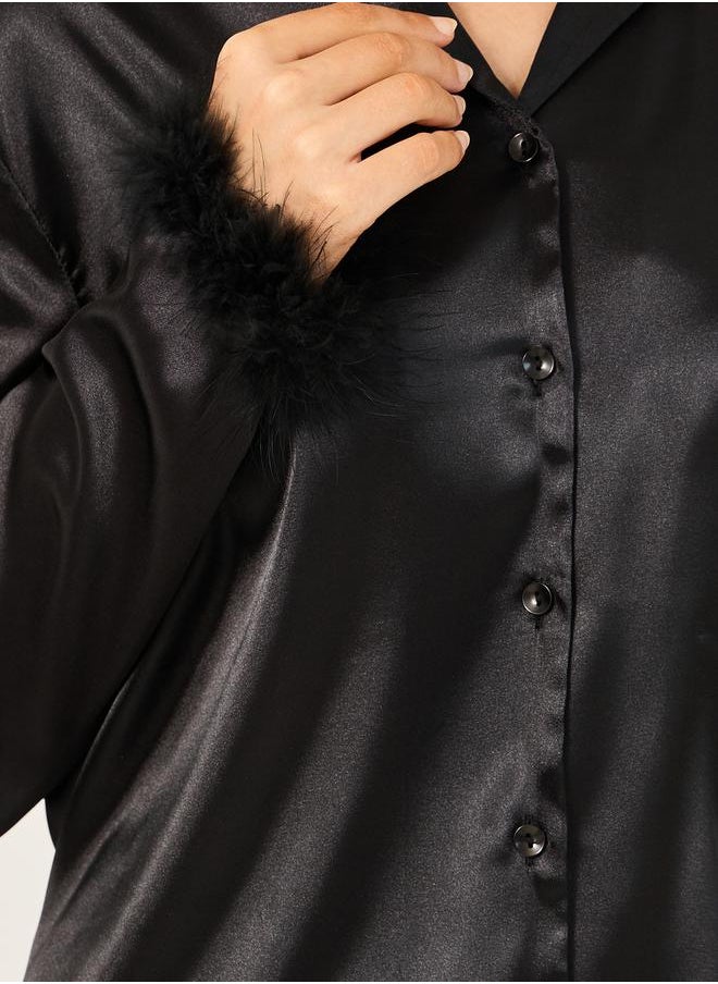 Styli Faux Feather Trim Buttoned Shirt and Pyjama Set  - Image 4