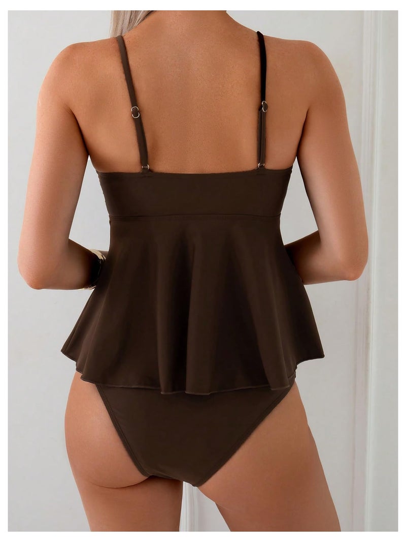 SweatyRocks Women's Ruffle Cut Out Tankini Swimsuit High Cut Cheeky Two Piece Bathing Suit Coffee Brown Small - Image 2