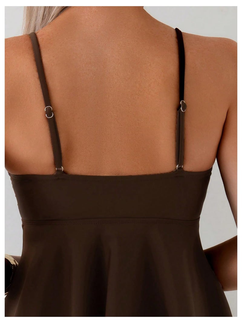 SweatyRocks Women's Ruffle Cut Out Tankini Swimsuit High Cut Cheeky Two Piece Bathing Suit Coffee Brown Small - Image 5
