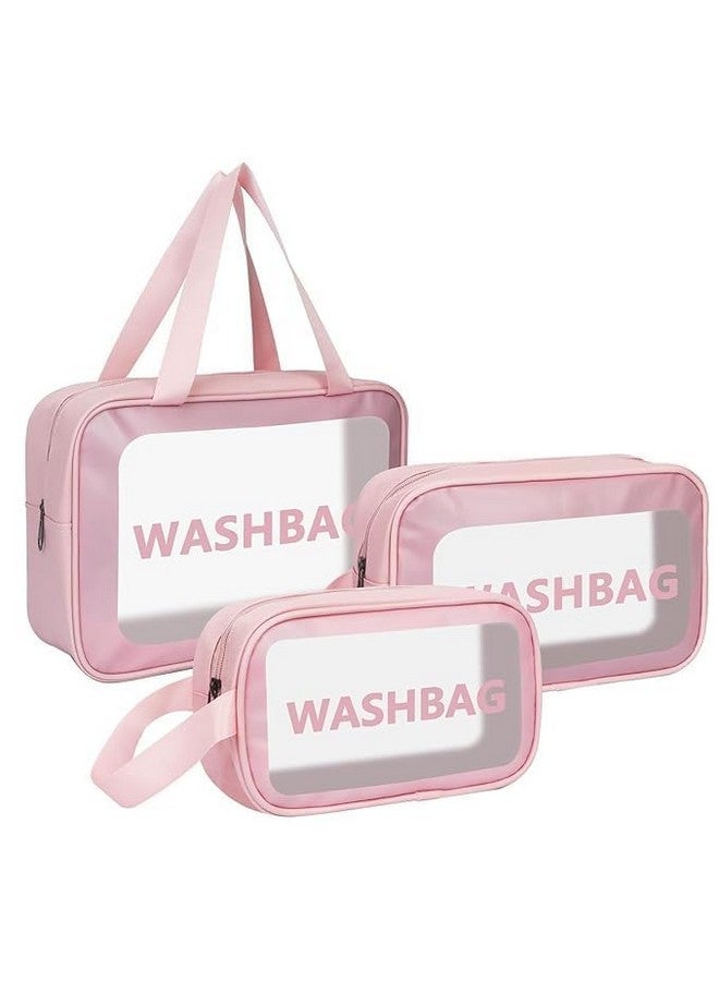 Dec Kitchenpro Travel Makeup Pouch Set - 3 PCS Cosmetic Organizer | Toiletry Storage Kit for Women | Girls, Transparent Toiletries Bag, Cosmetic Organiser Bag | Travel, Pink - Image 1