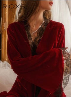 RIOXS Women's V Neck Lace Hollow Loose Nightdress Loungewear Soft Gold Velvet Sleepwear Elegant Long Sleeve Skin-Friendly Nightgown Robe with Belt  - Image 2