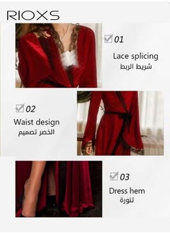 RIOXS Women's V Neck Lace Hollow Loose Nightdress Loungewear Soft Gold Velvet Sleepwear Elegant Long Sleeve Skin-Friendly Nightgown Robe with Belt  - Image 5