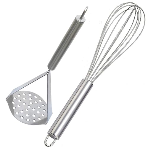 EVK® Stainless Steel Potato Crusher Vegetable Smasher Pav Bhaji Masher with Handle and Manual Egg Beater Whisk for Effortless Kitchen Uses (Whisker 30CM and Masher 25CM Combo) - Image 1