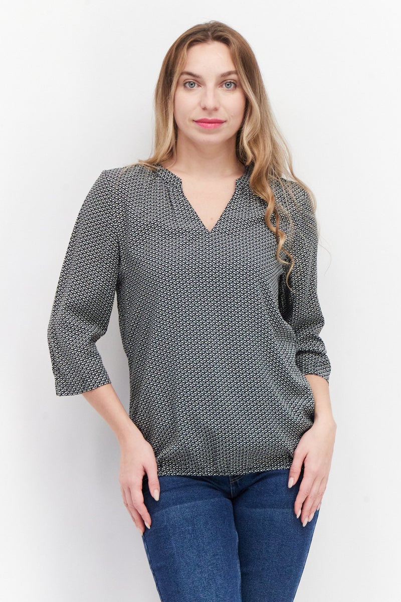 Zero Woemn Split Neck 3/4 Sleeve Allover Print Blouse, Black Combo - Image 1