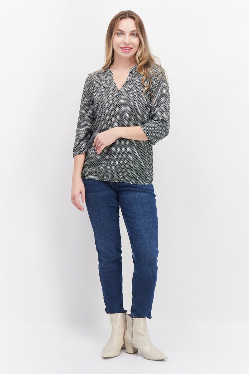 Zero Woemn Split Neck 3/4 Sleeve Allover Print Blouse, Black Combo - Image 3