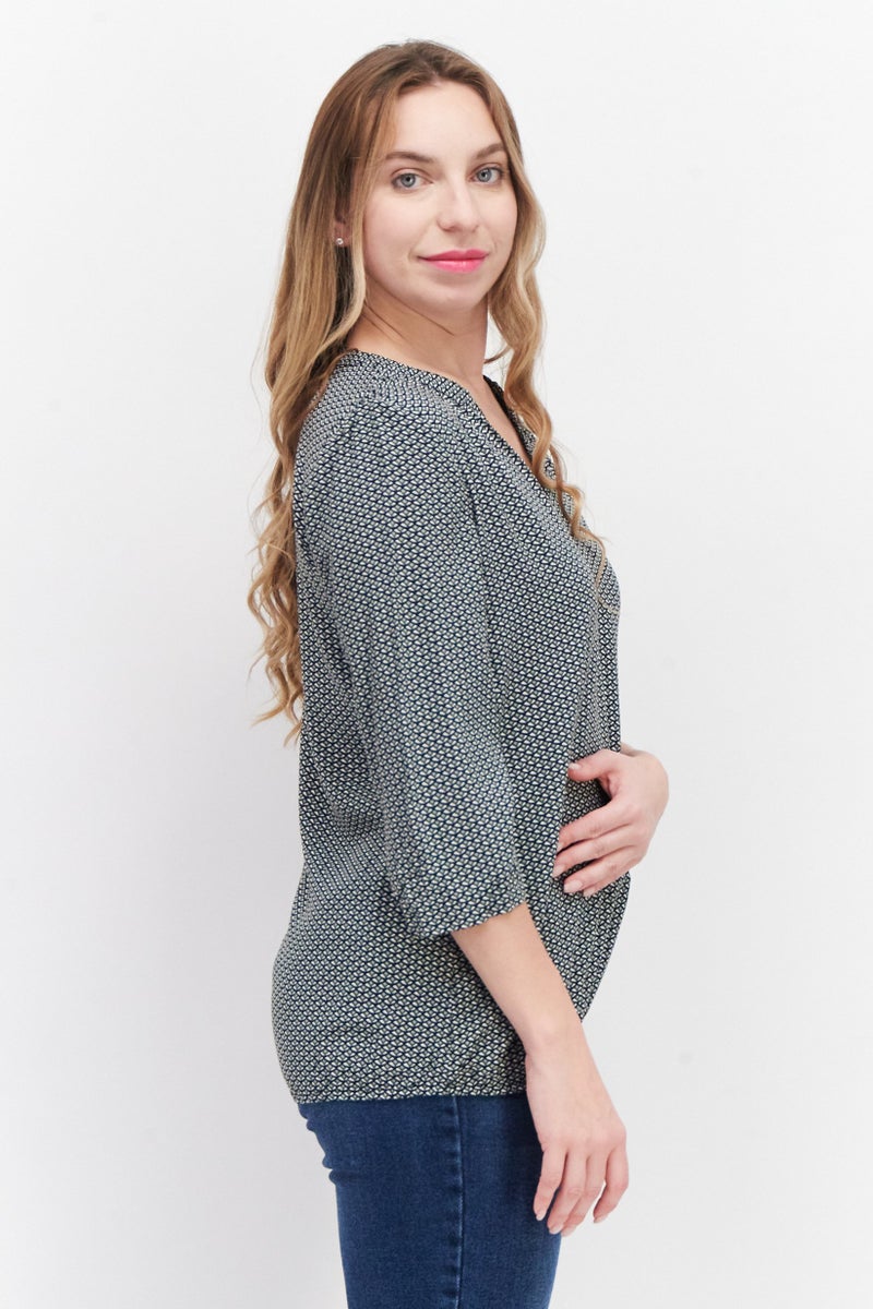 Zero Woemn Split Neck 3/4 Sleeve Allover Print Blouse, Black Combo - Image 2