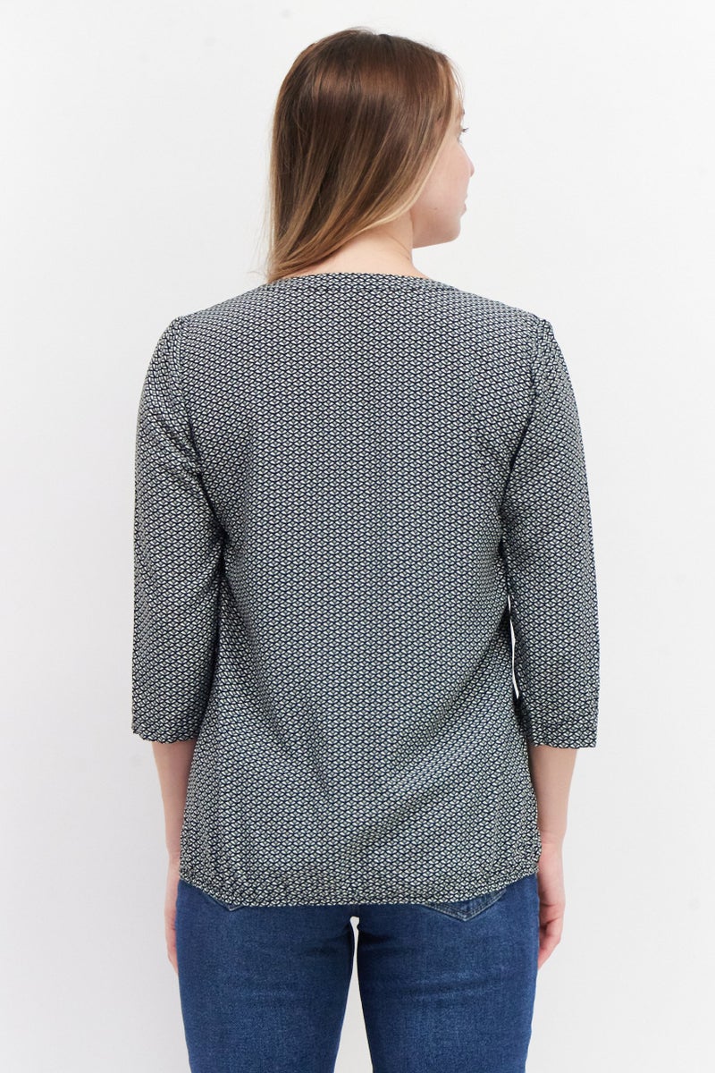 Zero Woemn Split Neck 3/4 Sleeve Allover Print Blouse, Black Combo - Image 4