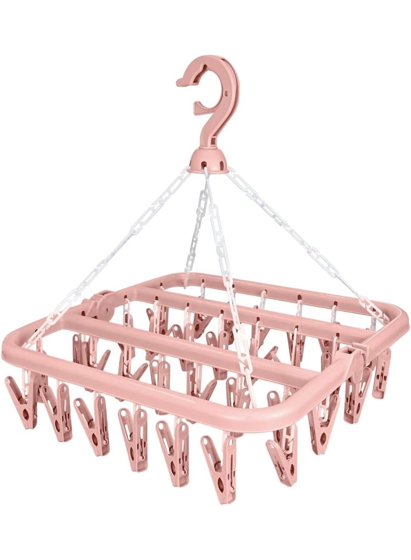 مجفف ملابس دوار قابل للطي مع 32 مشبك من ، مجفف ملابس دوار قابل للطي للجوارب والملابس الداخلية والملابس الصغيرة، بلاستيك، وردي - Image 1