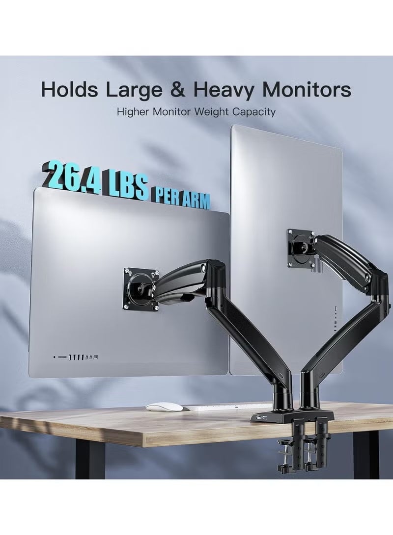 Dual Monitor Arm Desk Mount for 13–35 Inch Screens, Height Adjustable Full Motion VESA Monitor Stand with 2 USB Ports, Supports up to 26.4 lbs per Arm, Black - Image 1