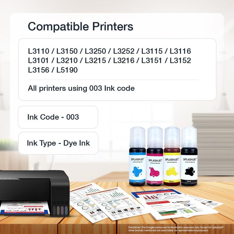 Splashjet 003 Compatible Refill Ink for Epson L3110, L3150, L3250, L3252 L3115, L3116, L3101, L3210, L3215, L3216, L3151, L3152, L3156, L5190 Printer – (4 Color Set Box) - 501737 - Image 3