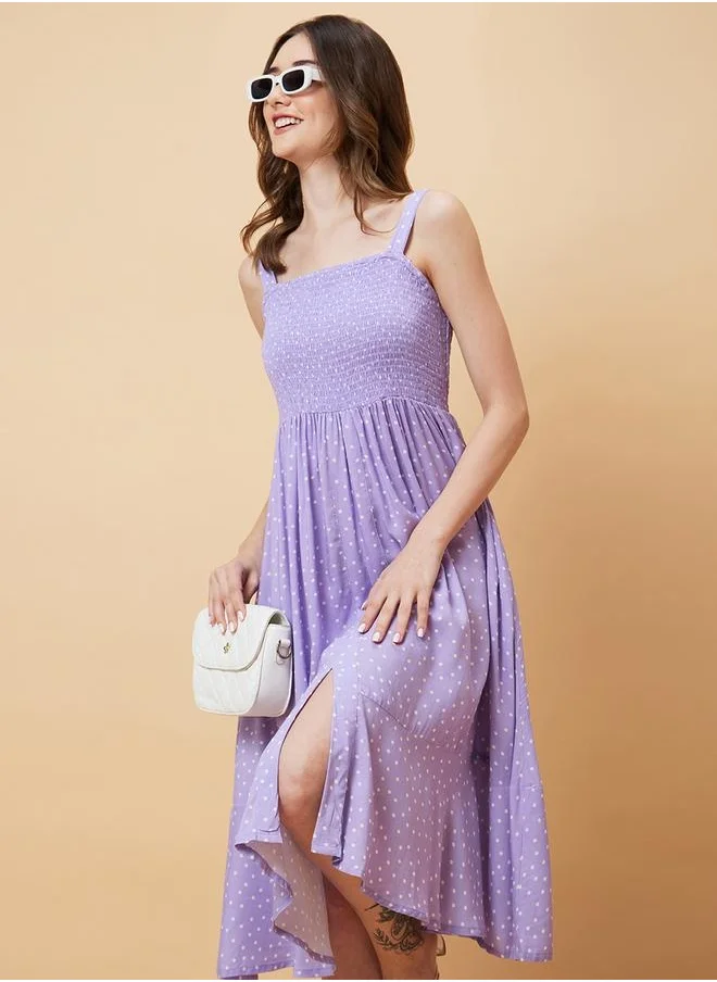 globus Globus Women Lavender Polka Dobby Print Smocked Fit and Flare Dress by Styli
