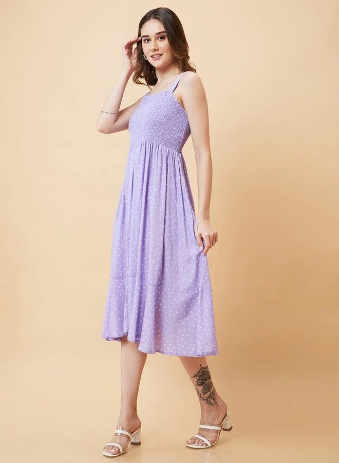 globus Globus Women Lavender Polka Dobby Print Smocked Fit and Flare Dress by Styli