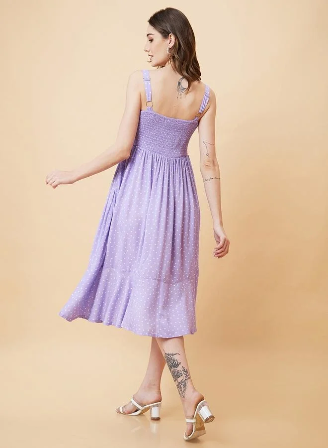 globus Globus Women Lavender Polka Dobby Print Smocked Fit and Flare Dress by Styli