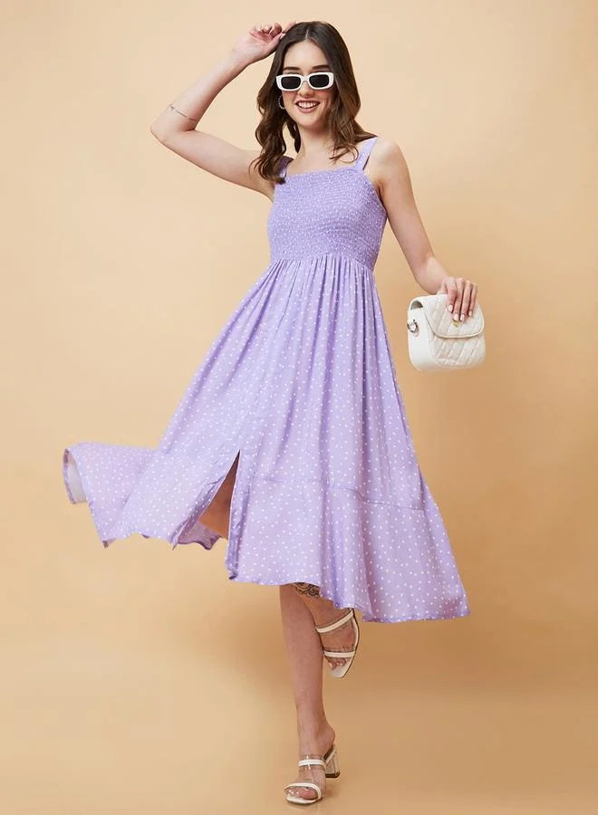 globus Globus Women Lavender Polka Dobby Print Smocked Fit and Flare Dress by Styli