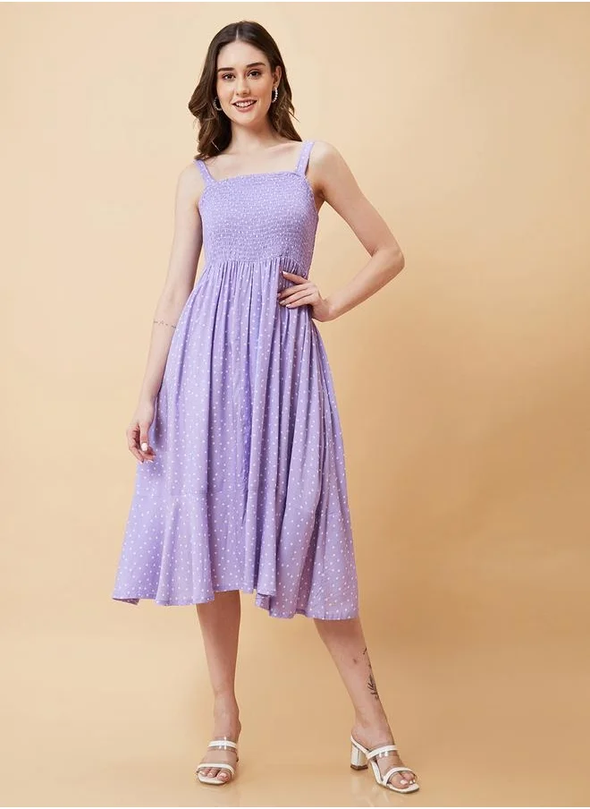 globus Globus Women Lavender Polka Dobby Print Smocked Fit and Flare Dress by Styli
