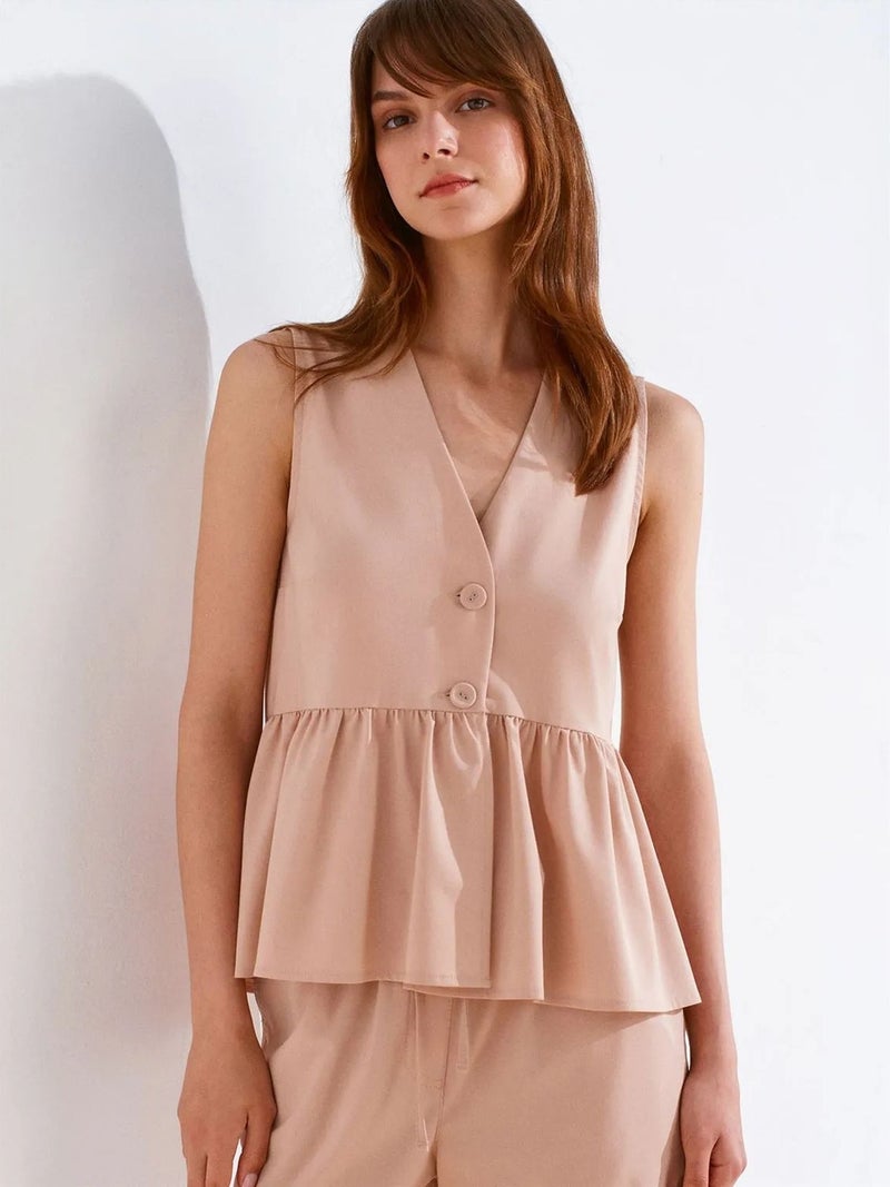 DILVIN Sleeveless Crepe V-Neck Button Blouse - Image 5