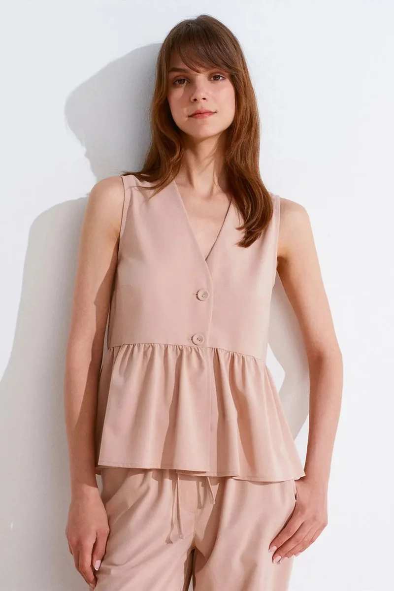 Dilvin DILVIN Sleeveless Crepe V-Neck Button Blouse