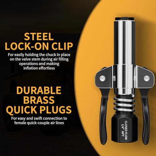 MIFMIA Locking Air Chuck, Heavy Duty with Six Steel Jaws, Locks onto Any Tire Valve, No Leaks or Pop-Offs, Rated to 150 PSI - Closed Flow - Image 3