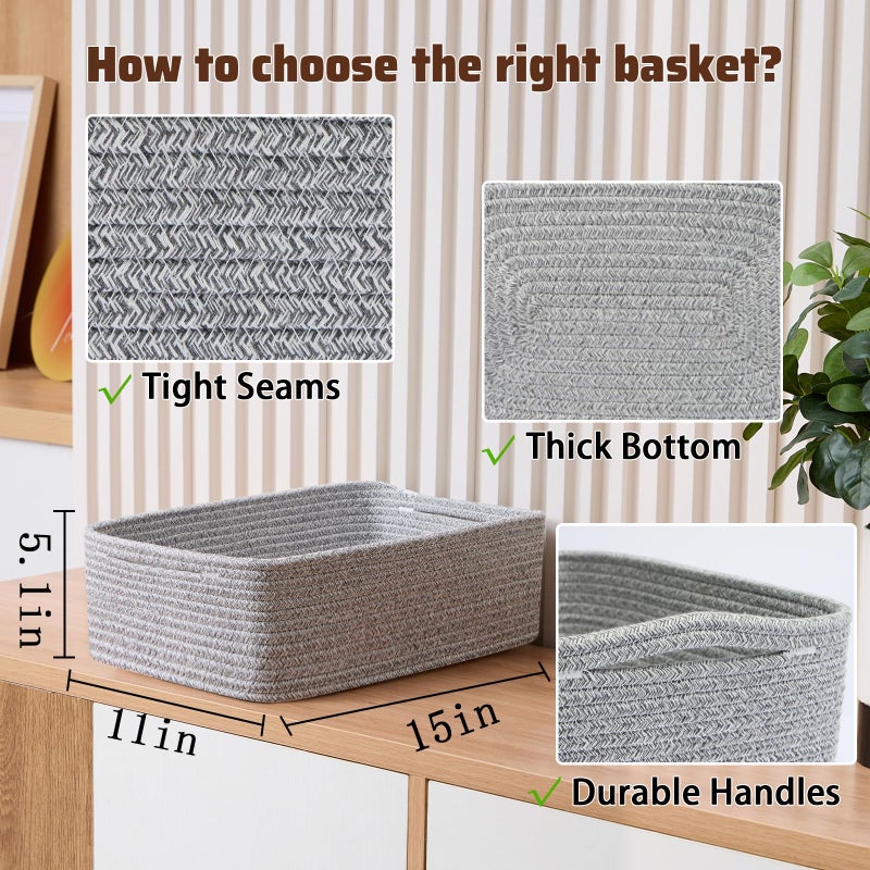 MiniArk Large Shallow Organizing Baskets 15x11x5.1 Inches - Rope Woven Storage Bins for Bathroom, Shelves, Cube Closet, Mixed Grey 3 Packs - Image 2