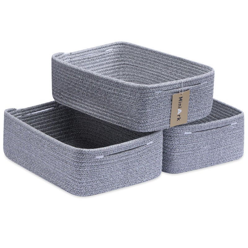 MiniArk Large Shallow Organizing Baskets 15x11x5.1 Inches - Rope Woven Storage Bins for Bathroom, Shelves, Cube Closet, Mixed Grey 3 Packs - Image 1