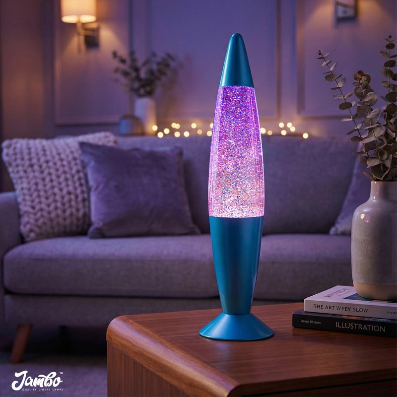 JAMBO 16" Beautiful Blue and Silver Glitter Lamp- Relaxing Mood Lighting, Night Light Nightlight, Home Decor Living Room Office Bedroom Lamp for Adults Teens Kids Glitter - Image 2