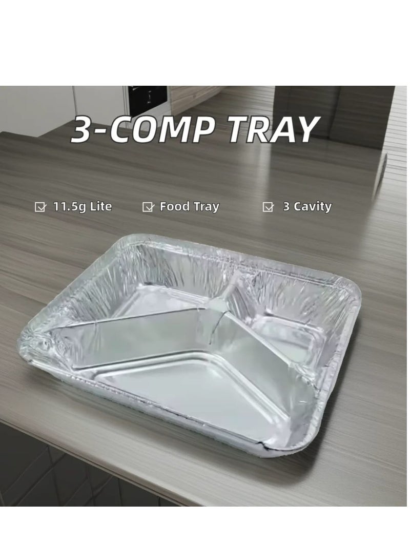 صينية ألومنيوم مقسمة 3 خانات | حافظة طعام للاستعمال مرة واحدة – مناسبة للغداء، العزومات، والرحلات (10 قطعه) - Image 3