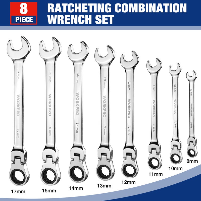 WORKPRO 8-piece Flex-Head Ratcheting Combination Wrench Set, Metric 8-17mm, 72-Teeth, Cr-V Constructed, Mirror Polished Chrome Plated with Roll Up Pouch - Image 4