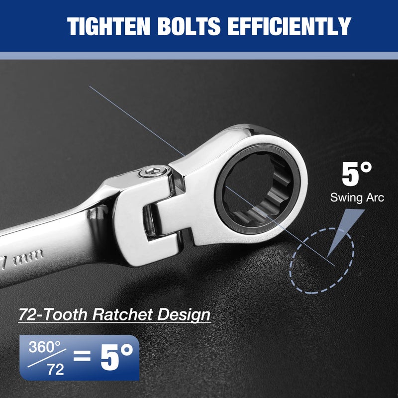 WORKPRO 8-piece Flex-Head Ratcheting Combination Wrench Set, Metric 8-17mm, 72-Teeth, Cr-V Constructed, Mirror Polished Chrome Plated with Roll Up Pouch - Image 2