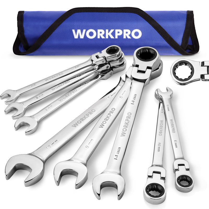 WORKPRO 8-piece Flex-Head Ratcheting Combination Wrench Set, Metric 8-17mm, 72-Teeth, Cr-V Constructed, Mirror Polished Chrome Plated with Roll Up Pouch - Image 1