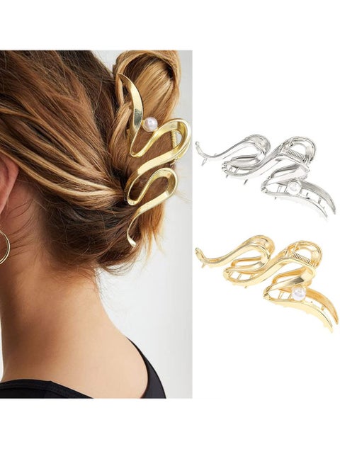 Brinie Claw Hair Clips Gold Metal Hair Clamps Pearl Hair Claw Clips Stylish Hair Clips Nonslip Hair Claw Barrettes Hair Accessories for Women and Girls (Pack of 2)
