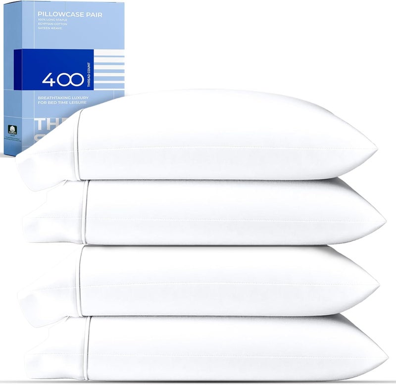 THREAD SPREAD 100% Cotton King Size Pillowcases Sets of 4-400 Thread Count Cotton Pillow Cases, Ultra Soft Cooling Sateen Weave Pillowcases, Set of 4 Pillow Covers for King Pillows - White - Image 1