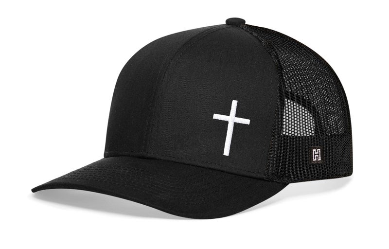 HAKA Corner Cross Black Trucker Hat – Cross Mesh Snapback Cap for Men, Women & Golf, Christian Design Baseball Dad Hat - Image 1