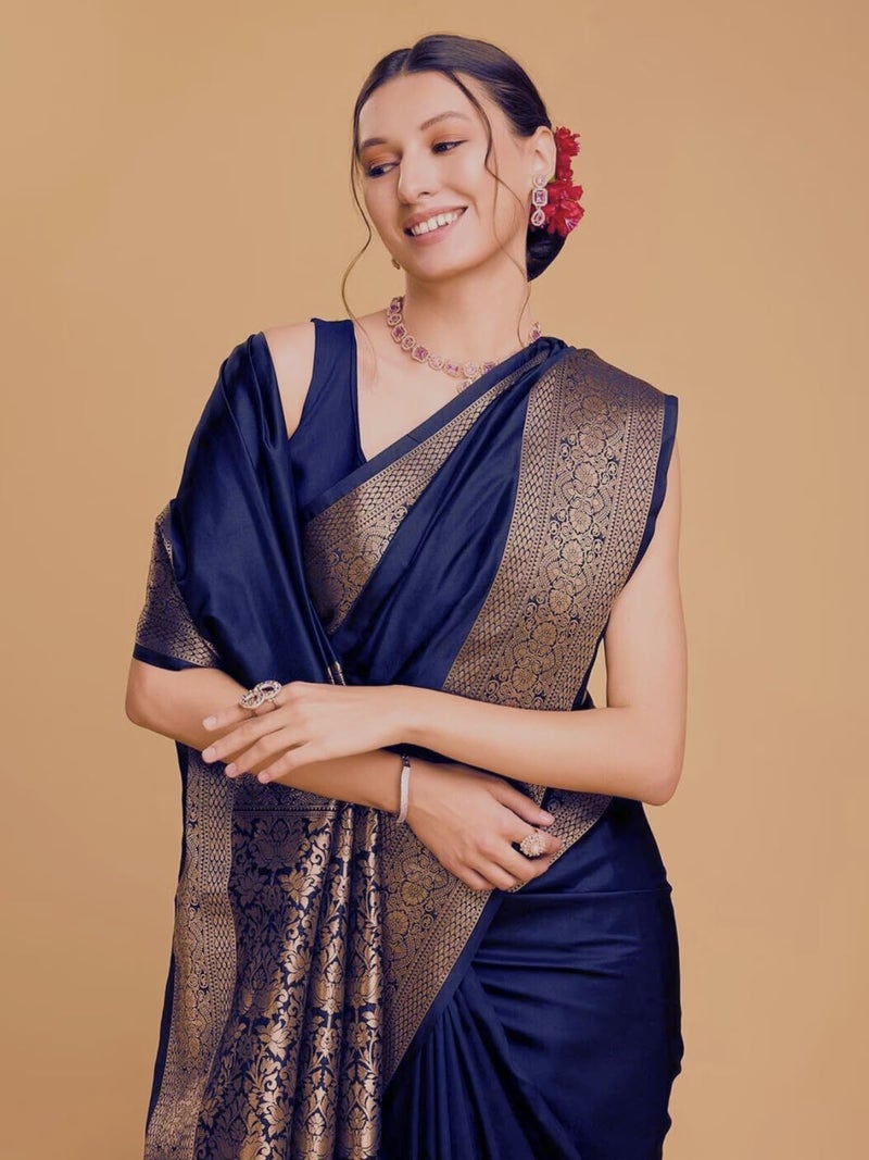 AMIRAT Women's Banarasi silk plain saree With Golden Zari Woven Border With Blouse Piece (Navy Blue) - Image 5