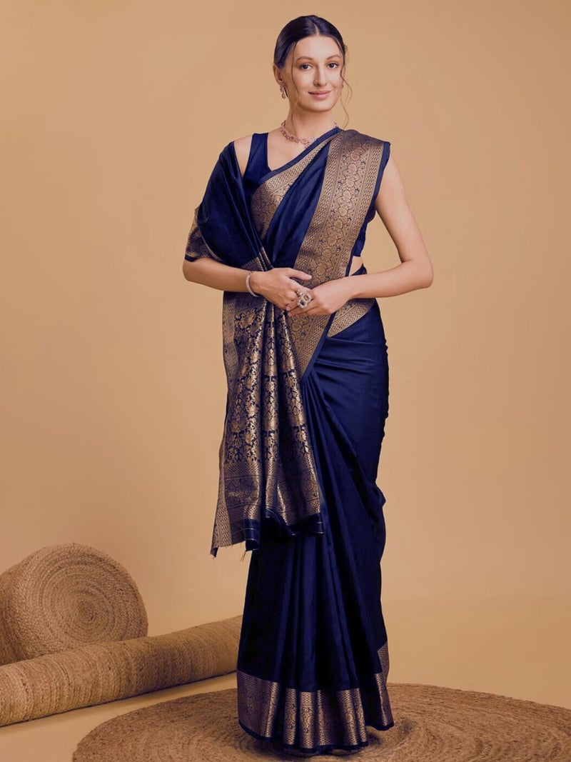 AMIRAT Women's Banarasi silk plain saree With Golden Zari Woven Border With Blouse Piece (Navy Blue) - Image 2