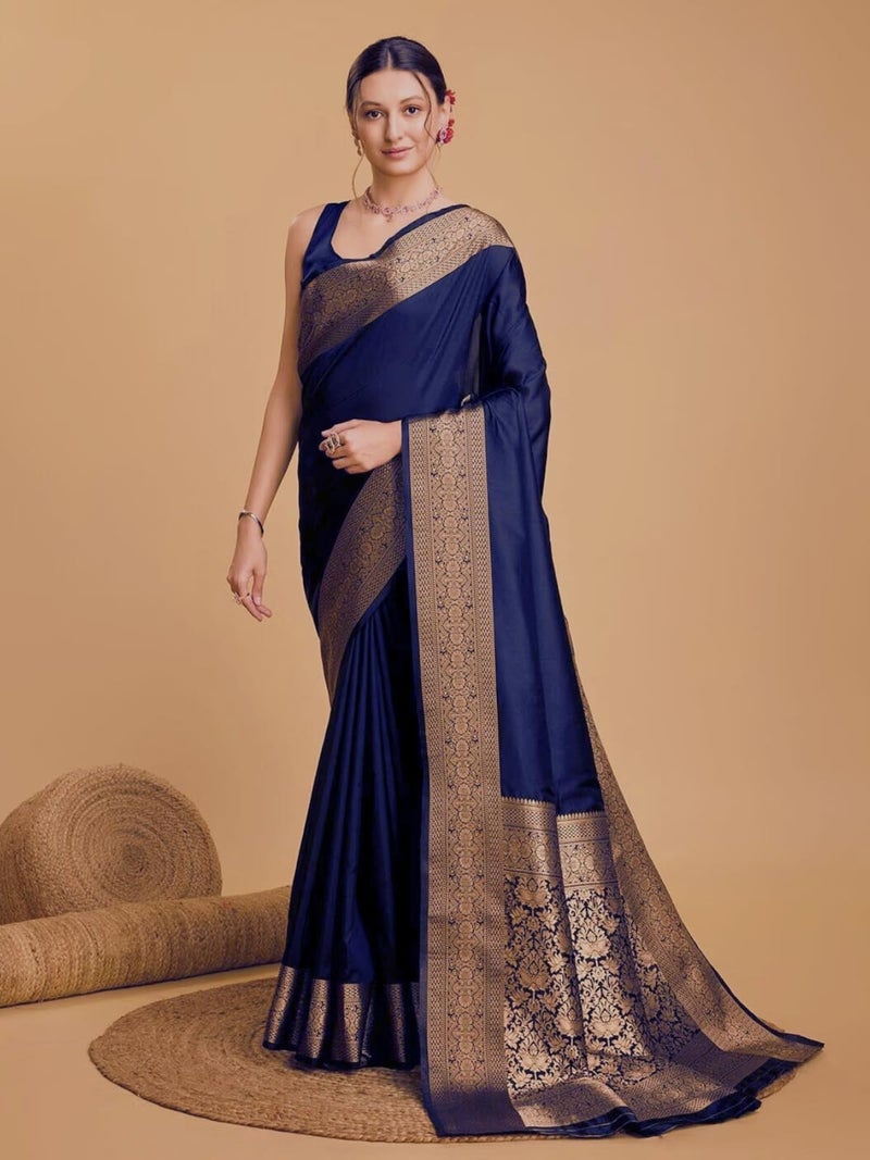 AMIRAT Women's Banarasi silk plain saree With Golden Zari Woven Border With Blouse Piece (Navy Blue) - Image 4