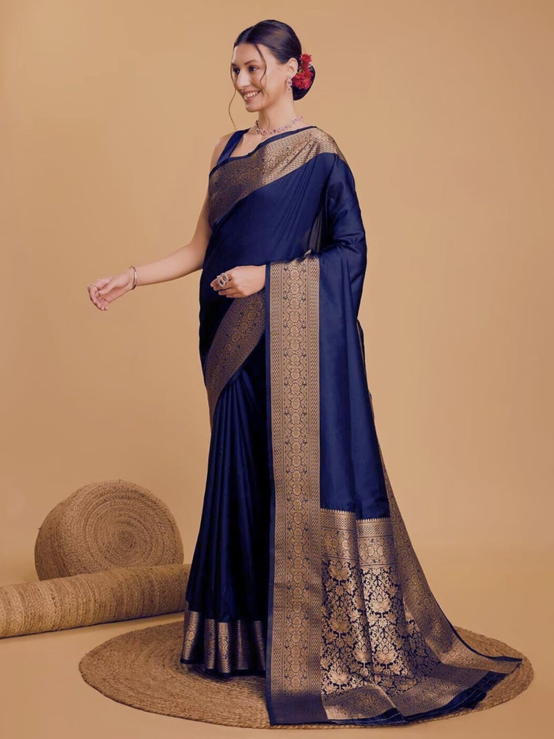 AMIRAT Women's Banarasi silk plain saree With Golden Zari Woven Border With Blouse Piece (Navy Blue) - Image 3