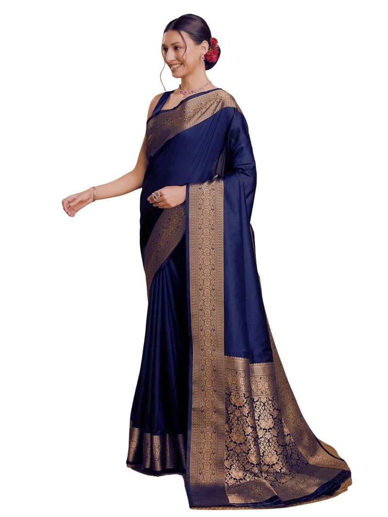 AMIRAT Women's Banarasi silk plain saree With Golden Zari Woven Border With Blouse Piece (Navy Blue) - Image 1