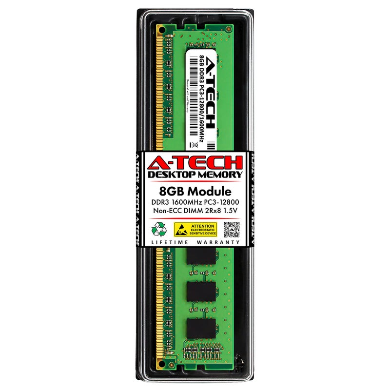 A-Tech 8GB DDR3 1600MHz PC3-12800 CL11 DIMM 2Rx8 1.5V 240-Pin Non-ECC UDIMM Desktop RAM Memory Module - Image 1